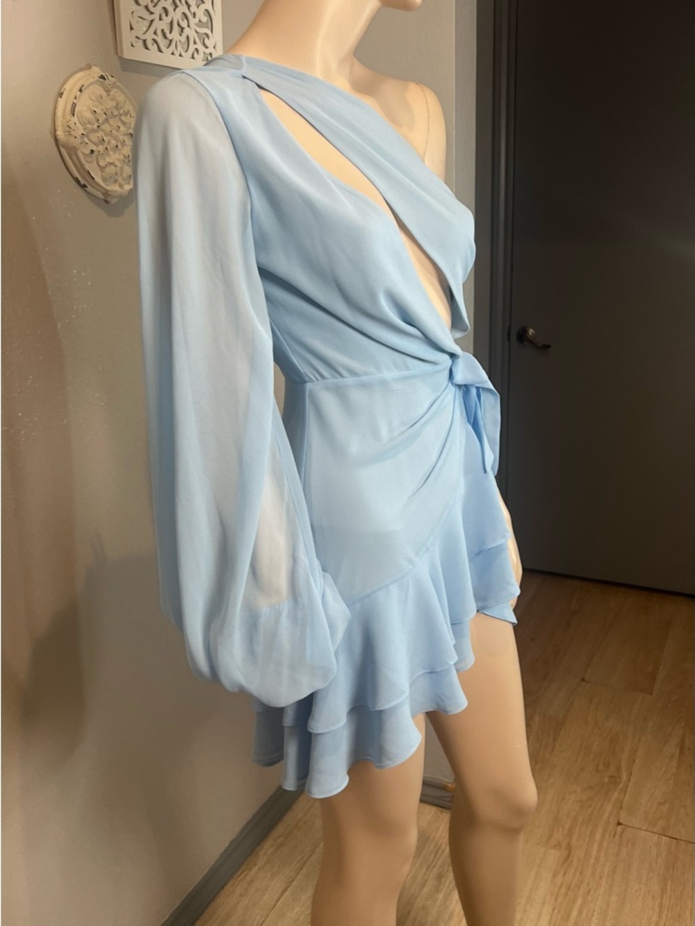 One-Shoulder Light Blue Ruffle Wrap Dress - Picture 6 of 10